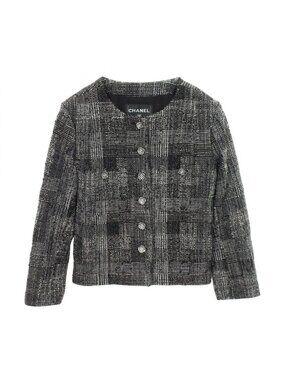 Chanel Collarless Jacket CC Logo Button Tweed Wool